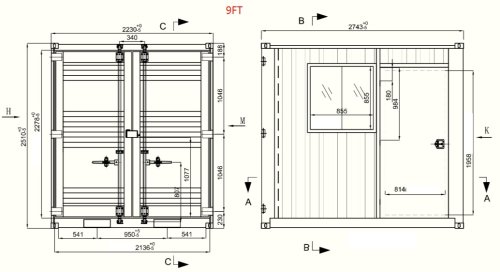 Container 9ft, materiaalcontainer loopdeur, raam